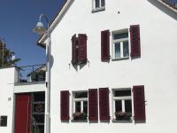 Holzfenster mit roten Klappläden und Alu-Haustür in Flörsheim
