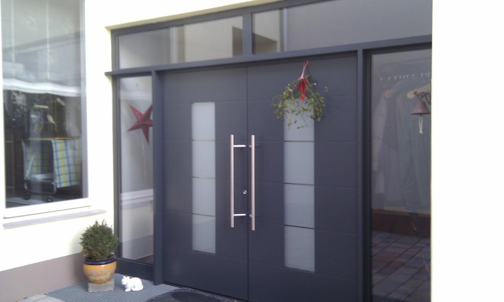 Aluminium Haustür mit Seitenteilen in grau , Katzenklappe, Hochheim